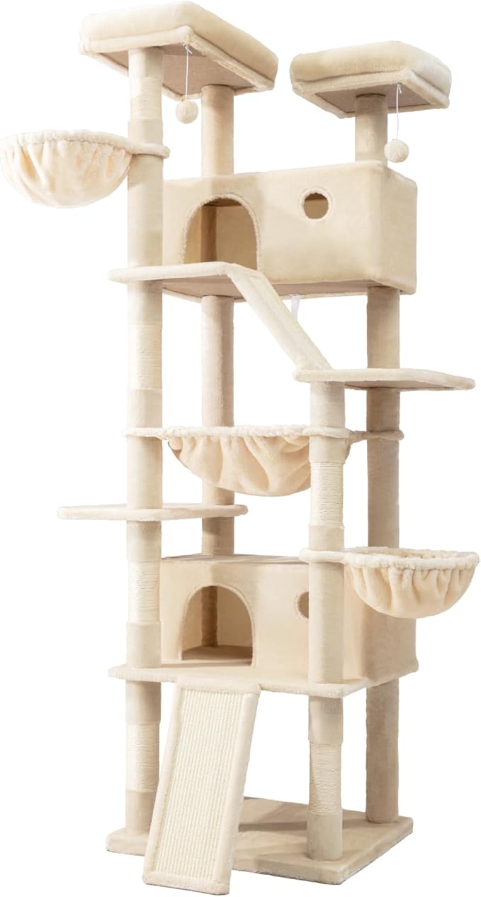 SHA CERLIN 81in Multi-Level Tall Cat Tree Tower for Indoor Kitties/Larger Cat Condo Furniture with Hammock/Cozy Pussycat Perches/Sisal Scratching Posts/Pet House/Wide Base/Beige