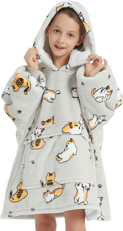 KFUBUO Wearable Blanket Hoodie for Kids Sherpa Patterns Oversized Sweatshirt Blanket With Pocket 6-10 Year Old Girl Boy Birthday Gifts Cat