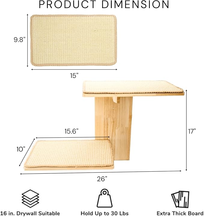 Cat Wall Shelves, Wall Mount Adult Cat Tree with 2 Steps 2 Sisal Scratch Mats, Solid Wood Kitten Perches Pet Climber for Indoor Play, Climb, Jump, Nap, Rest