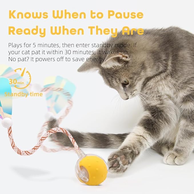 Interactive Cat Toys Ball for Indoor Cats with Elastic Mesh Net Tails – 3 Working Modes for Agile Movement, Motion Activated, USB-C Rechargeable, Ideal for Indoor Cats (Yellow)
