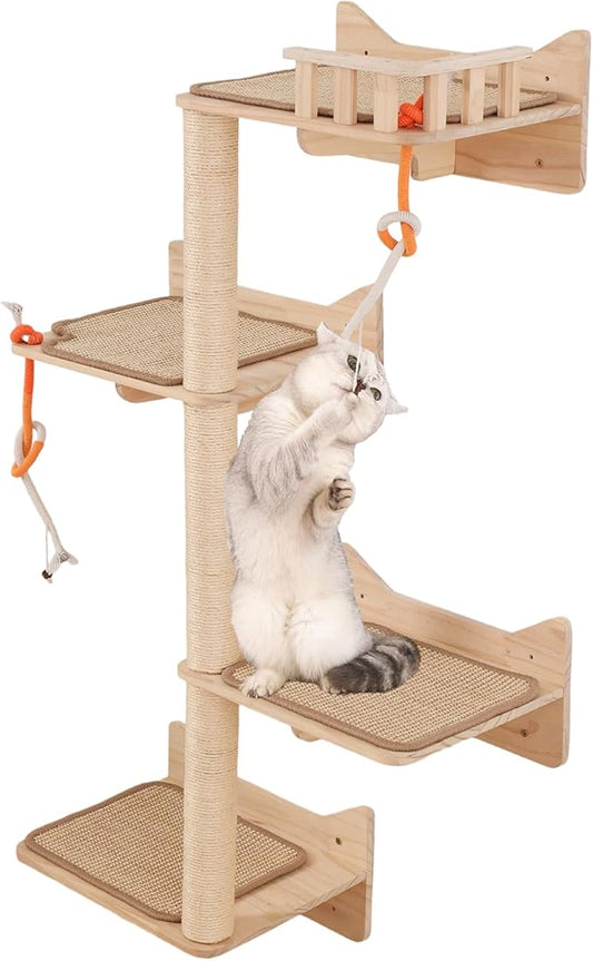 KVIDA Wall-Mounted Cat Tree – 7PCS Solid Wood Set with 3 Sisal Posts, Wide Perches & Lookout Tower, Space-Saving Climbing Furniture for Large Indoor Cats