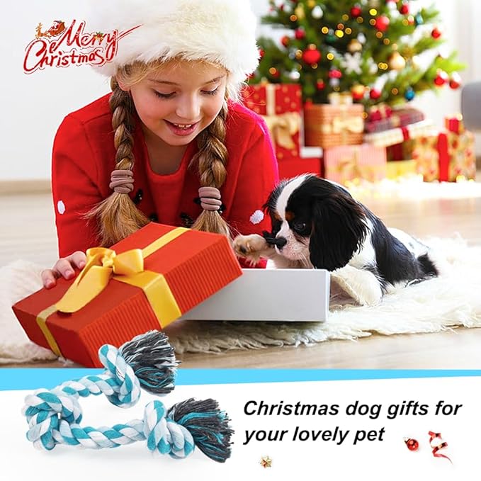 SZEE Dog Rope Toys, 14 in 3 Knots Chew Rope for Medium and Small Dogs, Natural Cotton Pull Toy for Tug of War and Teeth Cleaning (Blue)