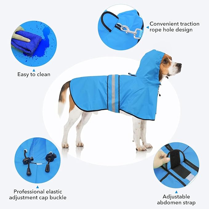 Waterproof Reflective Dog Rain Coat - Adjustable Puppy Rain Jacket Poncho, Lightweight Dog Hooded Pet Raincoat for Small to X- Large Dogs and Puppies (Blue, Medium)