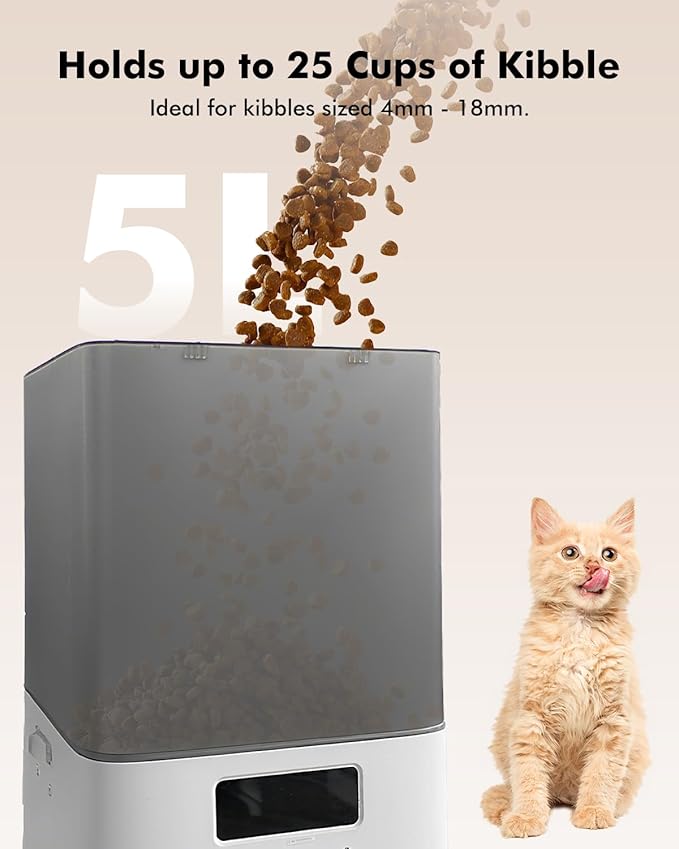 Automatic Cat Feeder for 2 Cats, 5L Automatic Cat Food Dispenser for Small Pets Indoor, 2.4G WiFi Pet Feeder with Free APP Control, Whisker-Friendly Bowls, 1-10 Meals/Day, Detachable for Easy Clean