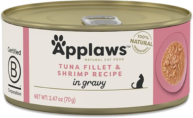 Applaws Natural Wet Cat Food, Made with Limited and Natural Ingredients, High Protein with No Artificial Additives or Fillers, Tuna Fillet & Shrimp in Gravy (24 x 2.47 oz Cans)