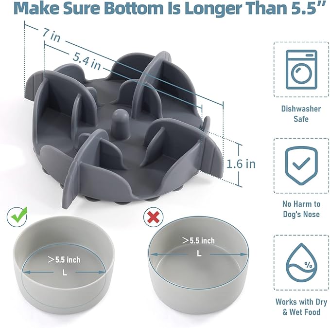 Jaoul Slow Feeder Dog Bowls Insert for Large Breed, 7 Inch Cuttable Slow Feeder Insert with 32 Octopus Suction Cups for Medium Large Size Dog Food Bowl (X-Large, Grey)