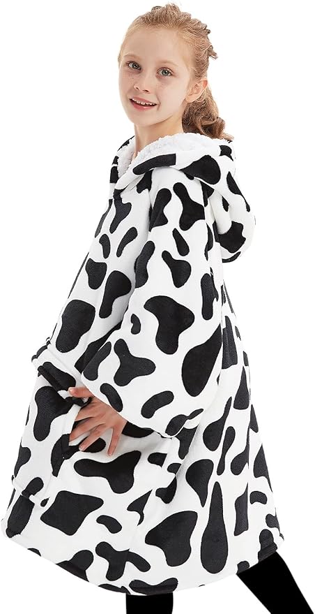 KFUBUO Wearable Blanket Hoodie for Kids Sherpa Patterns Oversized Sweatshirt Blanket With Pocket 6-10 Year Old Girl Boy Birthday Gifts Cow
