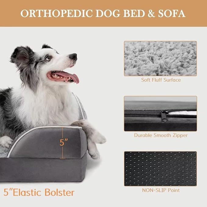 Comfort Expression Orthopedic Dog Bed for Extra Large Dogs 42x30 Inch, Waterproof Supportive Memory Foam XL Pet Bed with Removable Bolster, Dog Couch with Washable Cover & Non-Slip Bottom, Silver Grey
