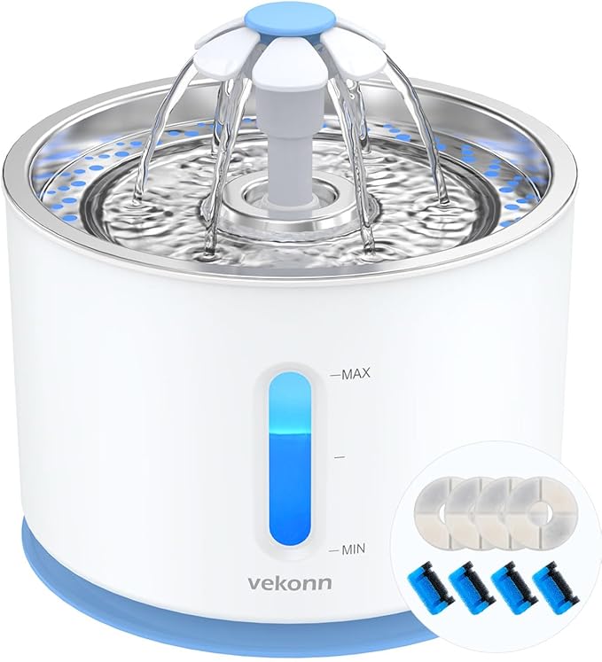 Cat Water Fountain Stainless Steel Top with 4 Filters & 4 Sponges, Pet Fountain for Small Dog and Cat with LED Light and Water Level Window (Blue)