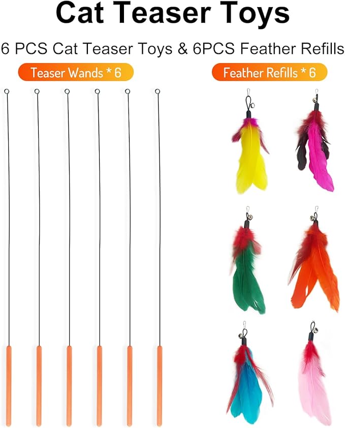 Cat Feather Wands with Replacement Feathers, Interactive Wand Toys, Feathers & Bell, Teaser Wand for Kittens and Adult Cats, Indoor Play to Exercise