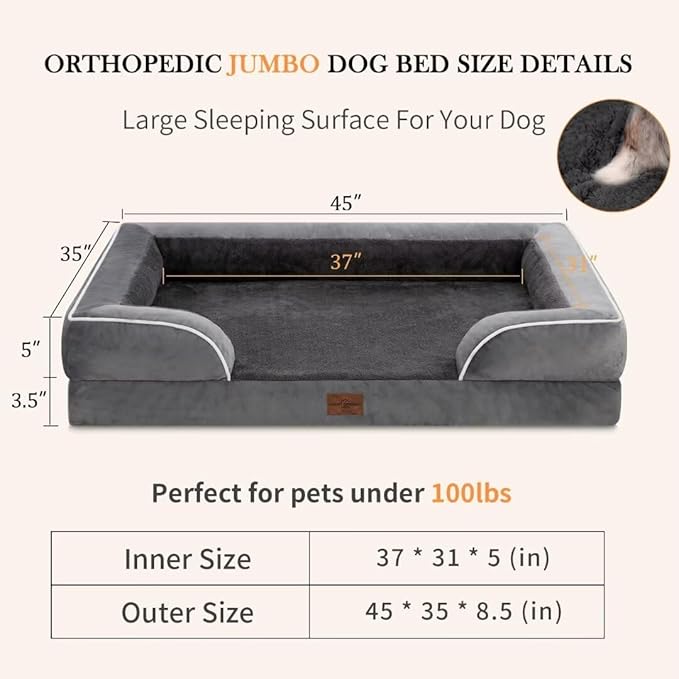 Comfort Expression Orthopedic Dog Bed for Extra Large Dogs 45x35 Inch, Waterproof Supportive Memory Foam XL Pet Bed with Removable Bolster, Dog Couch with Washable Cover & Non-Slip Bottom, Leaden Grey