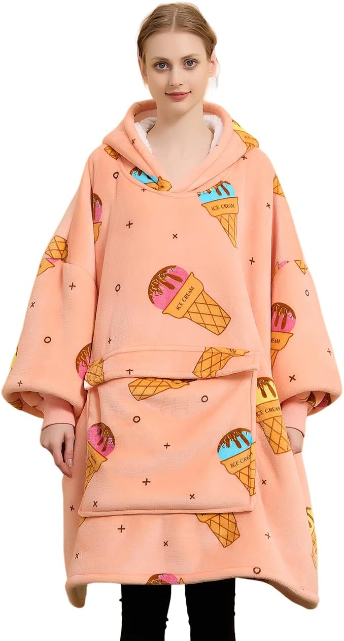 KFUBUO Wearable Blanket Hoodie for Adults Sherpa All Patterns Ice Cream Oversized Sweatshirt Blanket with Pockets Cute Birthday Gifts for Women
