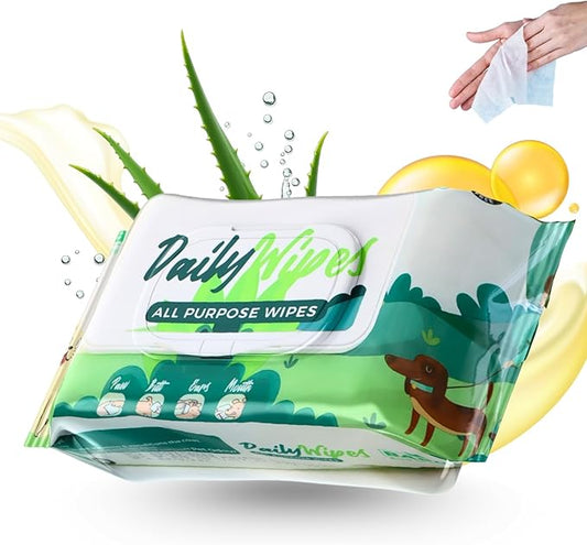 BASIL Pet Grooming Wipes – Lemon-Scented - Paraben-Free with Aloe Vera, Vitamin E & Castor Oil, Gentle Cleaning Wipes for Dogs, Cats & Puppies – Paws, Ears, Mouth & Butt – 80 Count, 7” x 7.87”