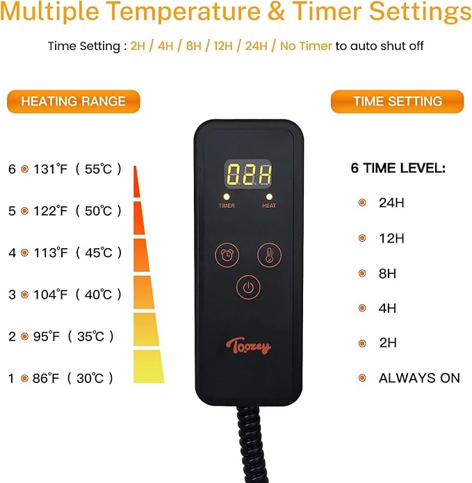 Toozey Small Pet Heating Pad, 6 Adjustable Temperature Dog Cat Heating Pad with Timer, Waterproof Heated Cat Bed with Chew Resistant Cord, Indoor Electric Pet Heated Mat 18x16in