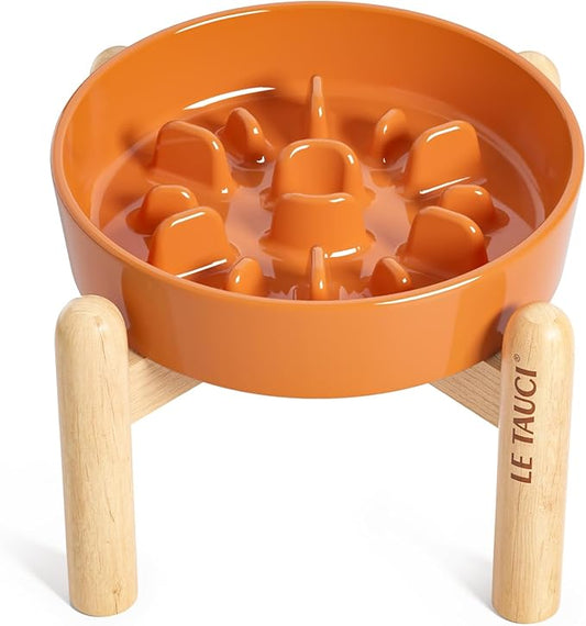 LE TAUCI Ceramic Slow Feed Dog Bowls, Elevated, Anti-Gulping, Non-Slip, 6 inch, Orange
