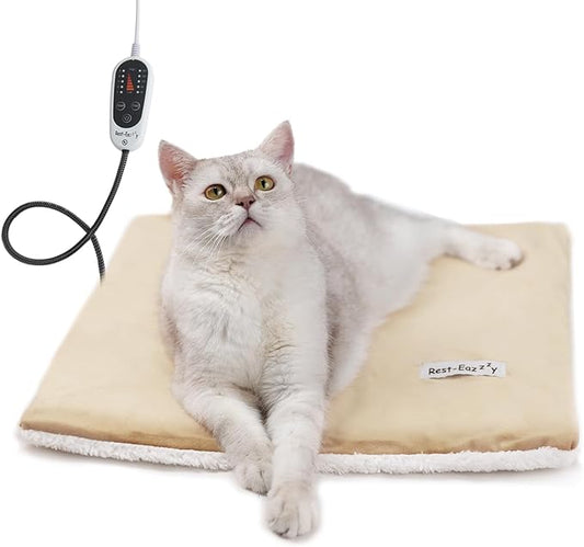 Rest-Eazzzy Cat Heating Pad, Cat Bed with Removable Cover Heated Cat Bed 5 Level Timer and 5 Level Temperature, Cat Beds for Indoor Warming Mat for Cat Dog (Heat pad, Pure-Beige)
