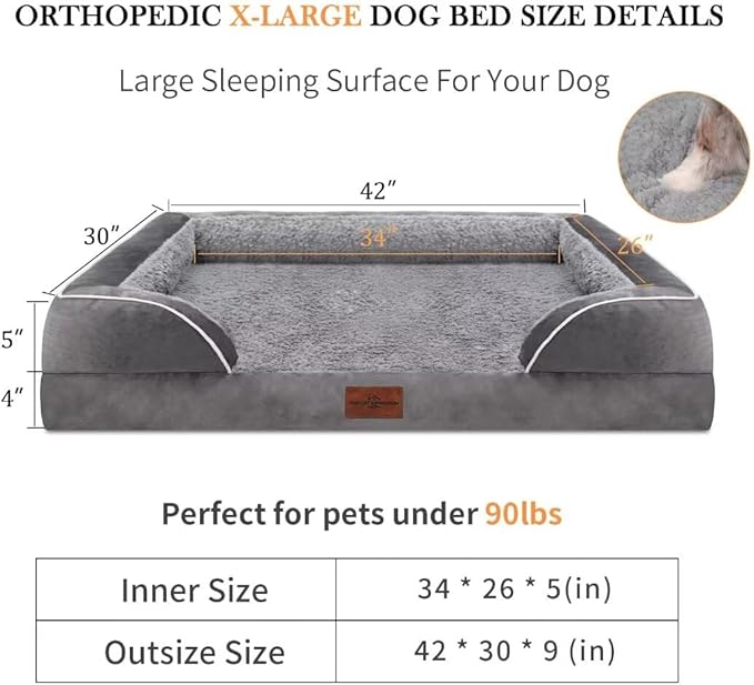Comfort Expression Orthopedic Dog Bed for Extra Large Dogs 42x30 Inch, Waterproof Supportive Memory Foam XL Pet Bed with Removable Bolster, Dog Couch with Washable Cover & Non-Slip Bottom, Silver Grey