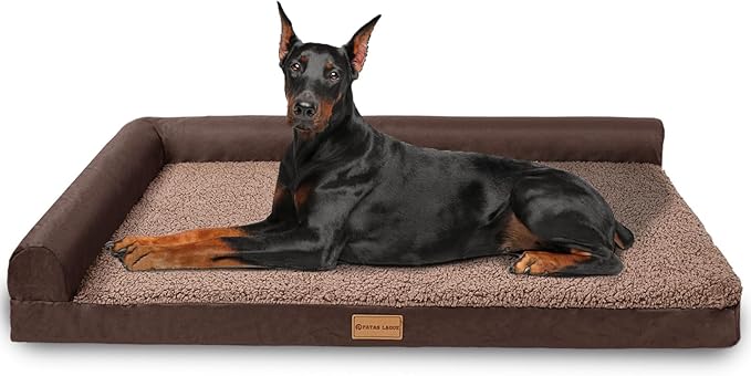 Patas Lague Orthopedic Jumbo Dog Bed for Extra Large Dogs 56''X40'', Waterproof L Bolster Pet Sofa Beds with Removable Washable Cover, Soft Comfortable Pet Couch Crate Mat with Nonskid Bottom, Brown
