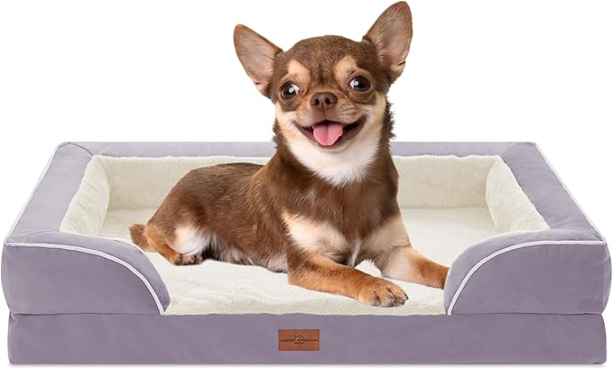 Comfort Expression Orthopedic Dog Bed for Small Dogs 24x16 Inch, Waterproof Supportive Egg Crate Foam Small Pet Bed with Removable Bolsters, Dog Couch with Washable Cover & Non-Slip Bottom, Purple