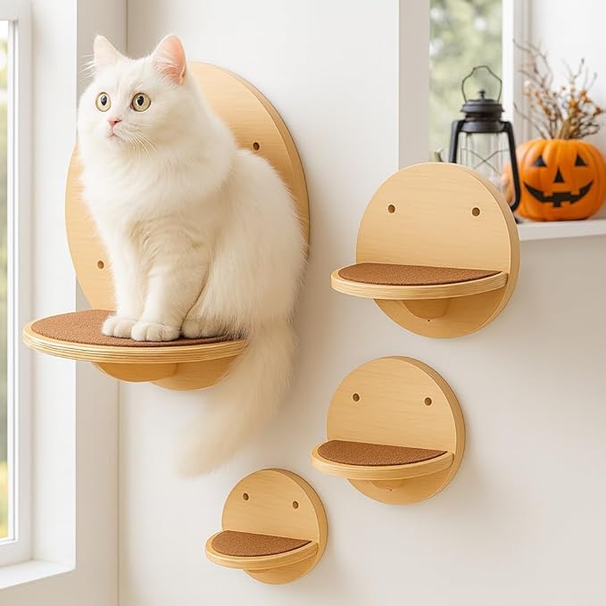 Cat Wall Shelves Set - Modern Round Floating Wall Steps with Scratch Pads (Set of 4)-Decorative Wall-Mounted Furniture for Climbing, Playing & Resting by INSTINTO