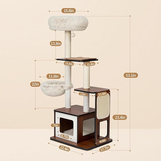 54-Inch Premium Multi-Level Modern Cat Tree & Tower - Unique Design Indoor Cat Condo with Scratching Posts, Hammock, Top Perch & Interactive Drop Ball Toy