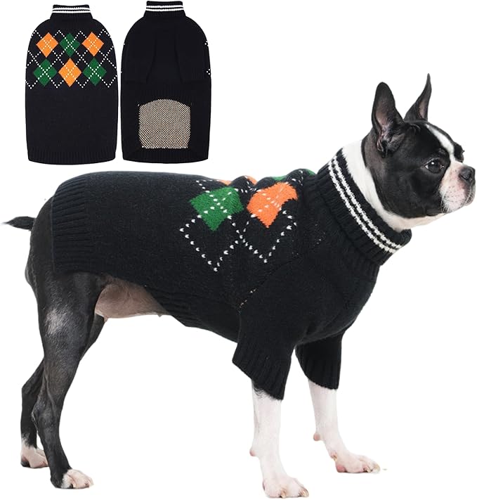 Boy Dog Sweater, Dog Sweaters for Large Dogs Boy, Winter Warm Pullover, Turtleneck Knit Dog Christmas Sweater with Sleeves, Soft Stretchy Knitwear for Cold Weather, Holidays - Black L