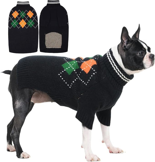 Boy Dog Sweater, Dog Sweaters for Large Dogs Boy, Winter Warm Pullover, Turtleneck Knit Dog Christmas Sweater with Sleeves, Soft Stretchy Knitwear for Cold Weather, Holidays - Black L