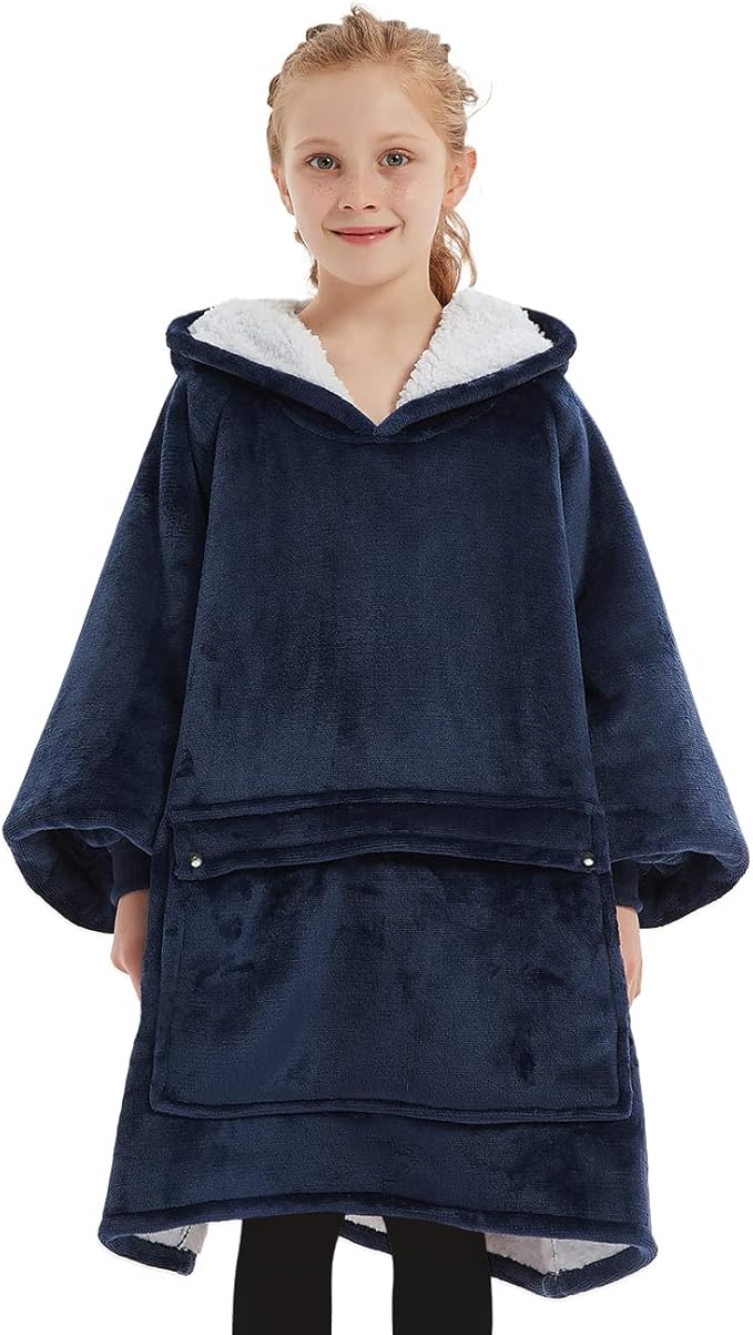 KFUBUO Wearable Blanket Hoodie for Kids Sherpa Patterns Oversized Sweatshirt Blanket With Pocket 6-10 Year Old Girl Boy Birthday Gifts Navy