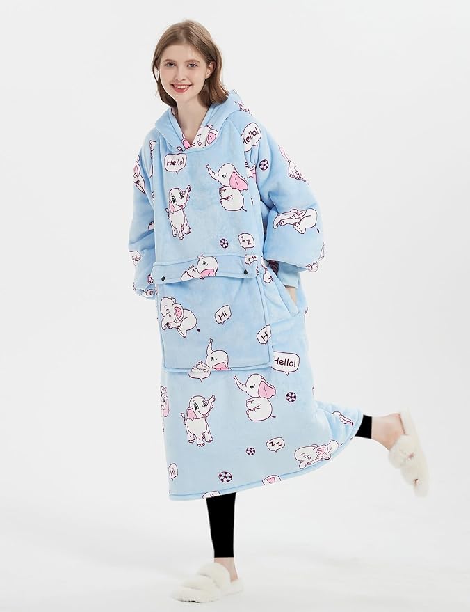 KFUBUO Wearable Blanket Hoodie for Adult Long Sherpa All Patterns Elephant Oversized Hoodie Sweatshirt Blanket Cute Birthday Gifts for Women