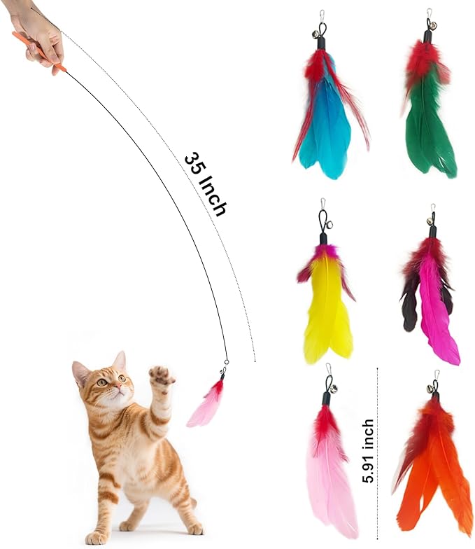 Cat Feather Wands with Replacement Feathers, Interactive Wand Toys, Feathers & Bell, Teaser Wand for Kittens and Adult Cats, Indoor Play to Exercise