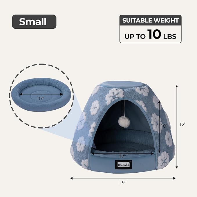 BALANCE Cat Beds for Indoor Cats, 2-in-1 Cat Bed Cave with Anti-Slip Bottom and Ultra-Soft Plush, Cozy Cats House Tent for Kittens and Small Dogs, 19 Inches, Blue