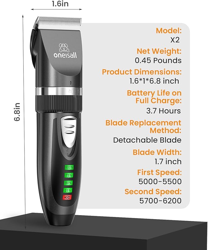 oneisall Quiet Cat Clippers for Matted & Long Hair, 2-Speed Cordless Pet Shaver Grooming Kit for Cats, Small Dogs & Animals (Black)