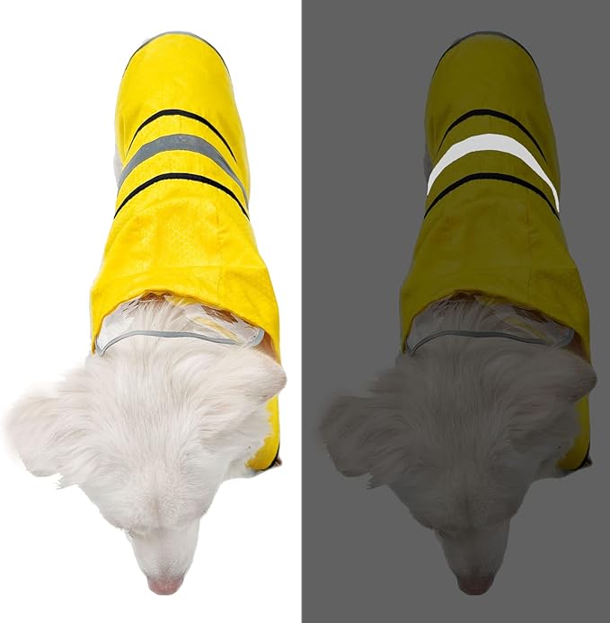 Dog Raincoat Waterproof Reflective Slicker - Lightweight Breathable Hooded Poncho Rain Coat Jacket with Adjustable Belly Strap and Leash Hole for Small Medium Large Dogs (Medium, Yellow)