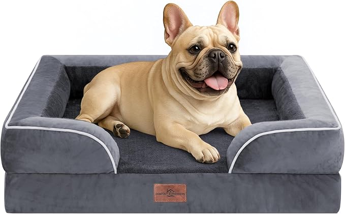Comfort Expression Orthopedic Dog Bed for Medium Dogs 28x19 Inch, Waterproof Supportive Egg Crate Foam Medium Pet Bed with Removable Bolster, Dog Couch with Washable Cover & Non-Slip Bottom, Dark Grey