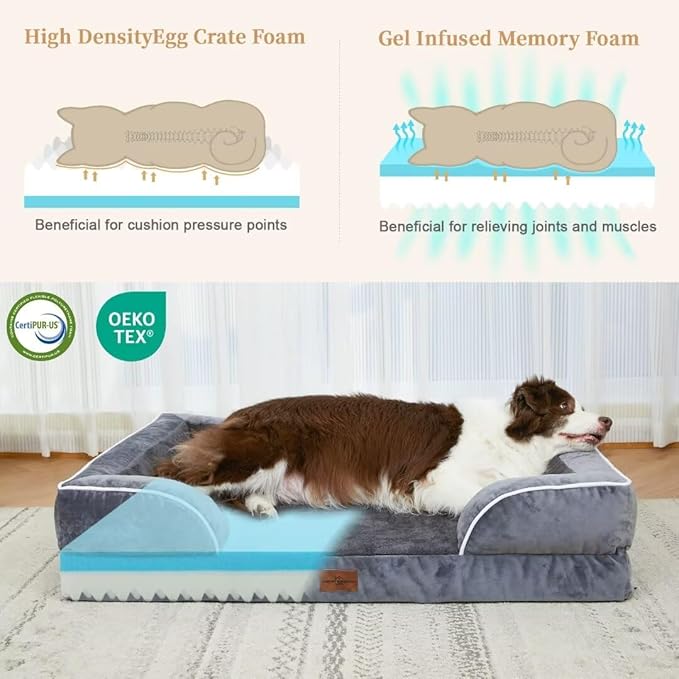 Comfort Expression Orthopedic Dog Bed for Extra Large Dogs 45x35 Inch, Waterproof Supportive Memory Foam XL Pet Bed with Removable Bolster, Dog Couch with Washable Cover & Non-Slip Bottom, Leaden Grey