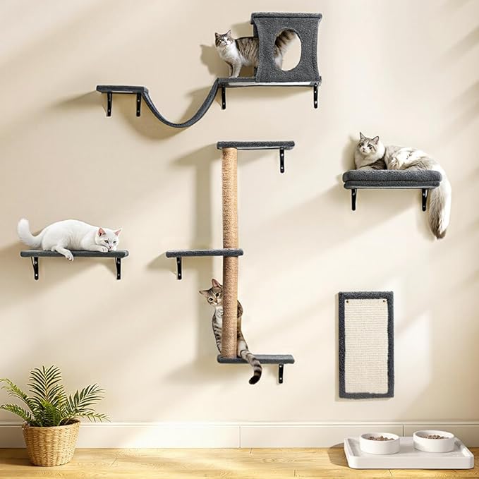 Cat Wall Shelves, 5-in-1 Cat Furniture Set, Wooden Cat Climber with Perches, Condo House, Bed, Scratching Post & Board for 16inch Drywall and Solid Wall