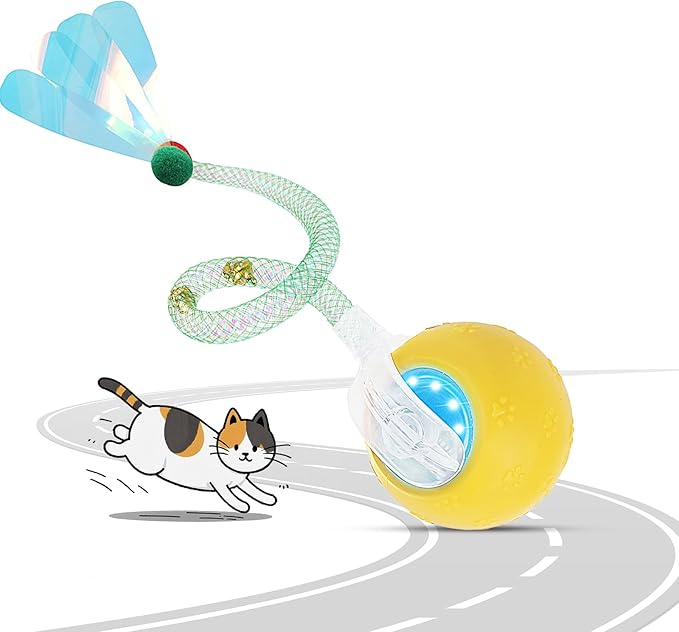Interactive Cat Toys for Indoor Cats, Automatic Cat Ball Toy with Mesh Elastic Tail, Moving Kitten Toys for Bored Indoor Adult Cats, Chirping & Motion Activated