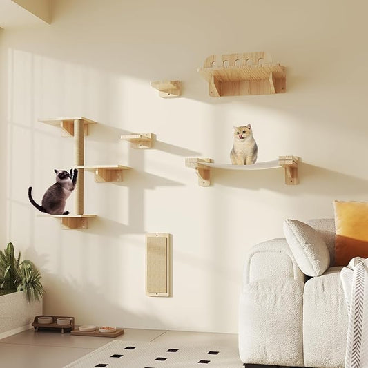 MeowHomm Cat Wall Shelves, Set of 6 Wooden Cat Wall Furniture Includes Scratching Post with 3 Steps, Jumping Platform, Hammock and Scratcher Board for Kittens