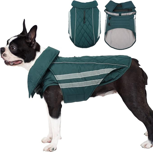 Dog Coat for Large Dogs Waterproof Winter Jacket with Harness Hole Turtleneck Hook & Loop Snowsuit Warm Fleece Dog Jacket for Cold Weather Windproof, Green XL