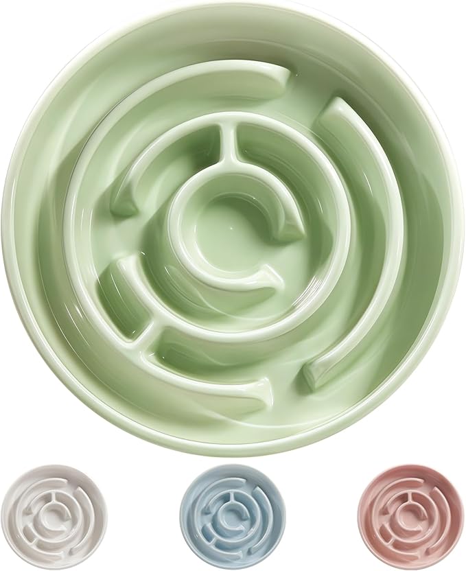 Ceramic Slow Feeder Dog Bowl,1.5 Cups Pet Slow Feeder for Small and Medium Breed,Puzzle Dog Food Dish,Anti-Gulping,Stop Bloat,Preventing Choking(Green)
