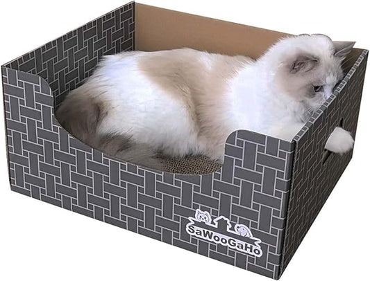 Extra Large Cat Cardboard Scratch with Box Bigger Space Double-Sided Scratching Refillable Pad Scratcher Board Window Handle Design Easy to Clean Scraps Scratched Bed for Indoor Cats (Grey)