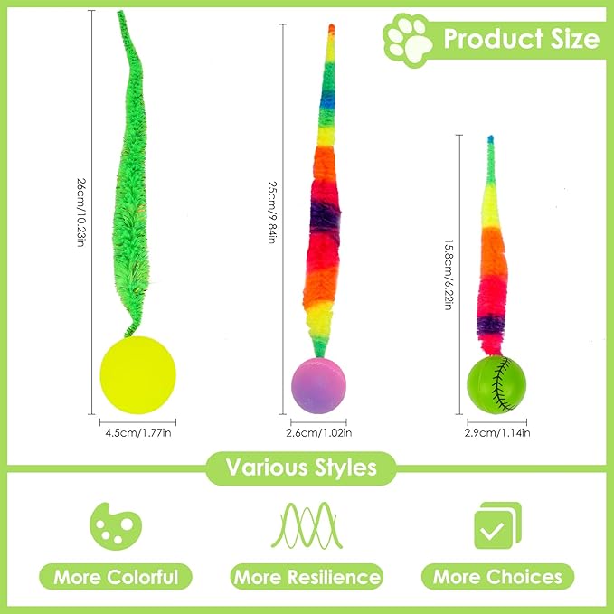 SHENGSEN Feather Wand Cat Toy,Bouncy Ball with Tail Cat Toys,Magic Worm with Large Colorful Ball Toy for Cats,Cat Feather Toys for Indoor Cats,Colorful Fuzzy Worm Bouncy Balls Cat Toy (ADM102-A-3A)