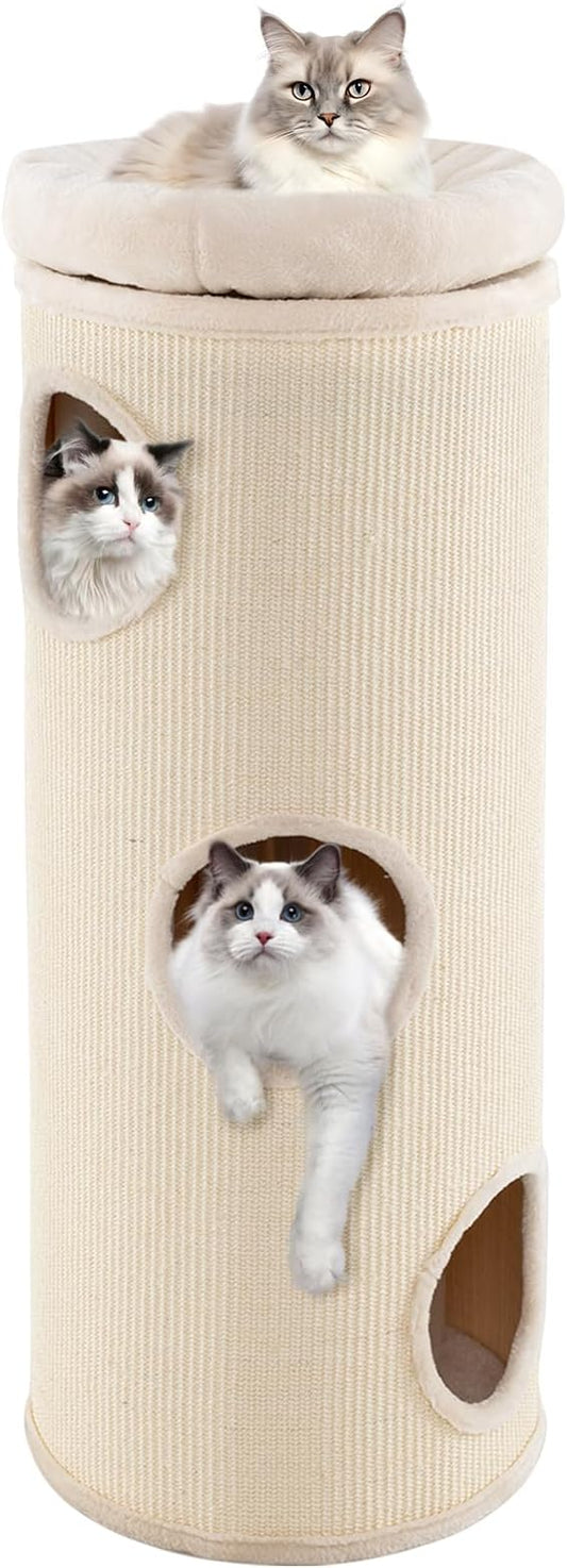 Tangkula 4 Story Cat Tree Condo, 49” Barrel-Shaped Cat House with Detachable Sisal Scratching Board, 3 Hideaways & Removable Soft Top Plush Bed, Interior Bamboo Mat, Modern Cat Tower for Indoor Cats