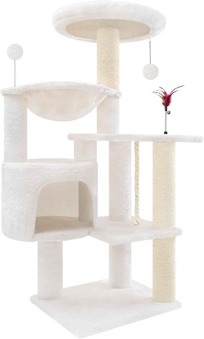 TWDEPART 42.5'' Cat Tree for Indor Cats, Multifunctional Cat Tower with Cozy Condo, Perches, Scratching Posts and Hammock, Beige