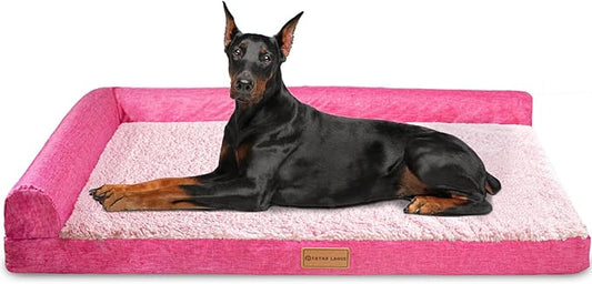 Patas Lague Orthopedic Jumbo Dog Bed for Extra Large Dogs 56''X40'', Waterproof L Bolster Pet Sofa Beds with Removable Washable Cover, Soft Comfortable Pet Couch Crate Mat with Nonskid Bottom, Pink