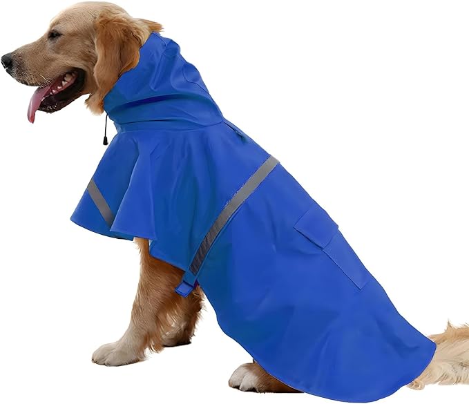 NACOCO Large Dog Raincoat Adjustable Pet Water Proof Clothes Lightweight Rain Jacket Poncho Hoodies with Strip Reflective (XXL, Blue)
