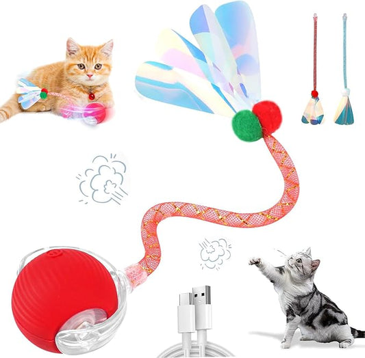 Interactive Cat Toys for Indoor Cats, Speedy Moving Ball Cat Toys with Colorful Tail, Smart Interactive Cat Rolling Ball (Red)