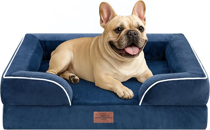Comfort Expression Orthopedic Dog Bed for Medium Dogs 28x19 Inch, Waterproof Supportive Egg Crate Foam Medium Pet Bed with Removable Bolster, Dog Couch with Washable Cover & Non-Slip Bottom, Navy Blue