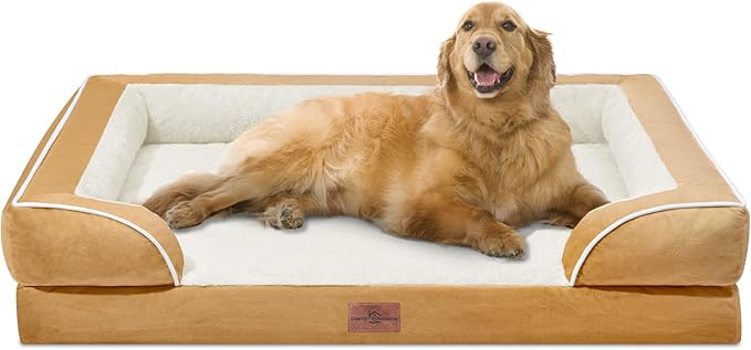 Comfort Expression Orthopedic Dog Bed for Extra Large Dogs 42x30 Inch, Waterproof Supportive Egg Crate Foam XL Pet Bed with Removable Bolsters, Dog Couch with Washable Cover & Non-Slip Bottom, Caramel