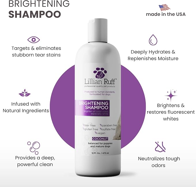 Lillian Ruff PRO Formula Ultra Brightening Dog Shampoo - Professional Whitening & Long-Lasting Odor Eliminator - Removes Stains & Discoloration, Dry Skin & Itch Relief with Aloe & Provitamin B5 (16oz)